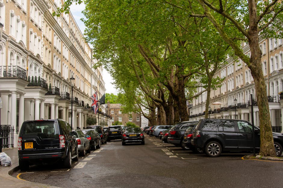 A residential street scene in Mayfair featuring white, elegant townhouses with ornate architectural details, including black wrought iron balconies and decorative cornices. The street is lined with large, mature trees with broad green canopies extending over the pavement and parked vehicles. Several cars, mostly dark-colored, are parked along both sides of the street, occupying designated parking spaces marked by white dashed lines. In the foreground, a black van belonging to Man and Van Mayfair is partially visible, suggesting it is involved in the home relocation or furniture transport process. The pavement is slightly damp, possibly after recent rain, and the scene is illuminated by soft, natural daylight, highlighting the lush foliage and the historic charm of the surroundings, consistent with the services offered by [COMPANY_NAME] in removals and moving logistics.